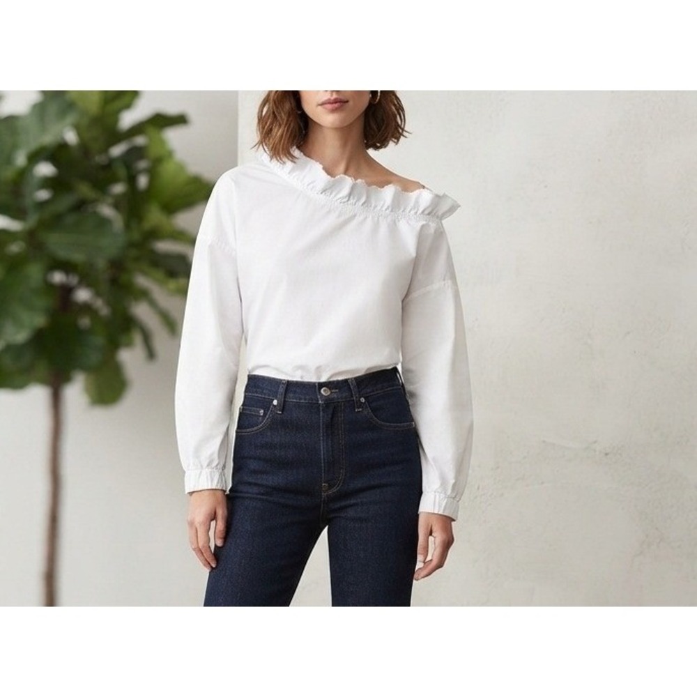Tibi Ruffle Neck Blouse Women Size S White Excellent Cotton Poplin Top
